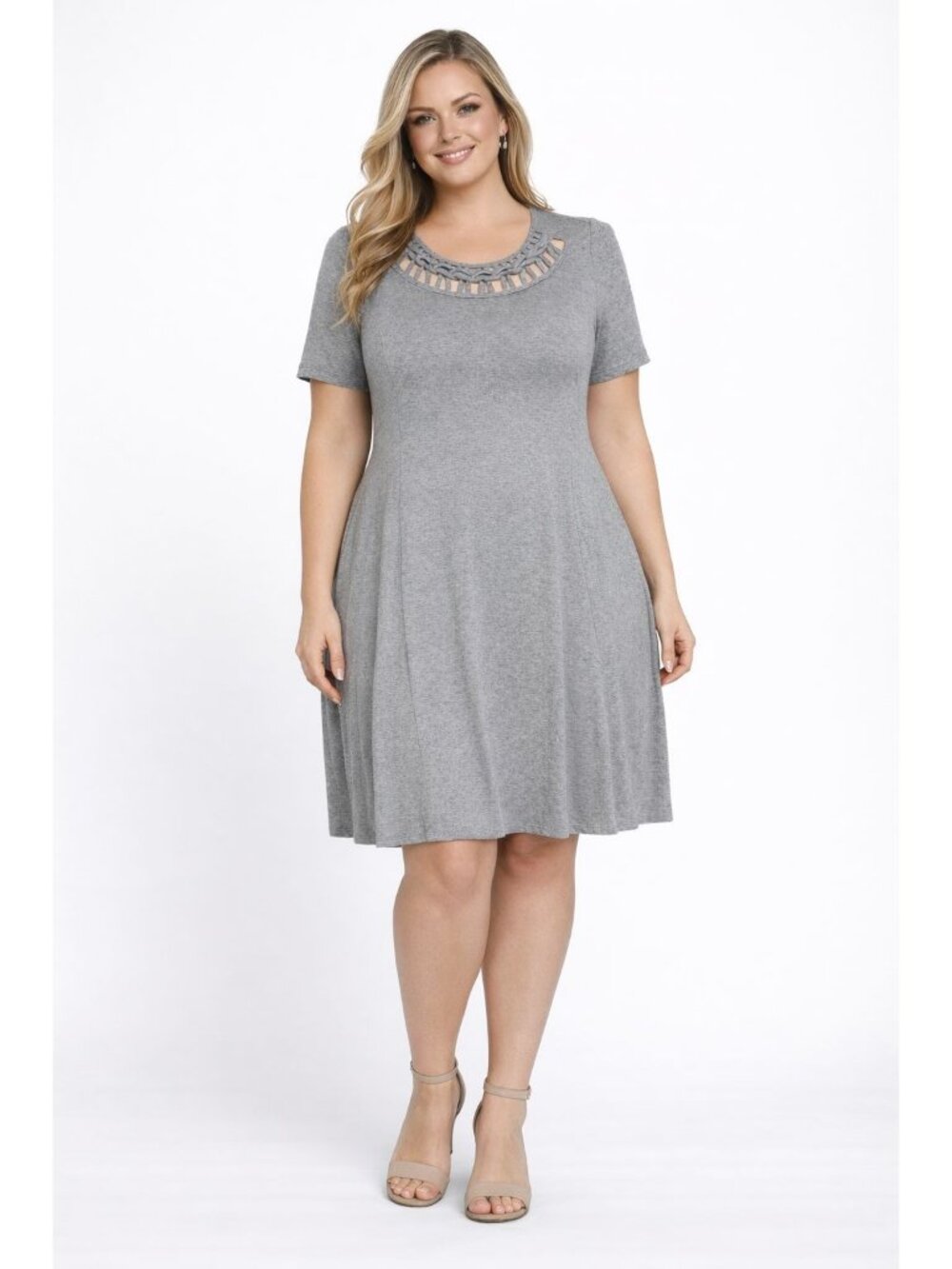 Catherines Dress Gray Short Sleeve Pullover A Line Pockets Cutout Neckline 0X Ra